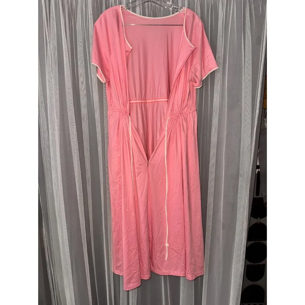 Pink Short-Sleeve Drawstring Waist Dress With Pockets & White Trim - Picture 10 of 10
